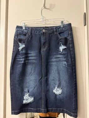 Be girl Dark Blue Distressed Midi Denim Skirt